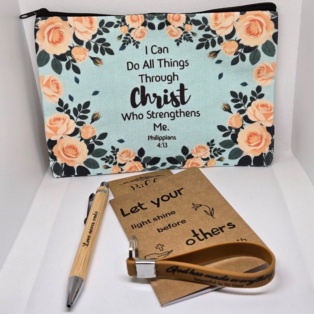 NEW INSPIRATIONAL FAITH CANVAS POUCH, NOTEPAD, PEN, BOOKMARK & KEYCHAIN GIFT SET